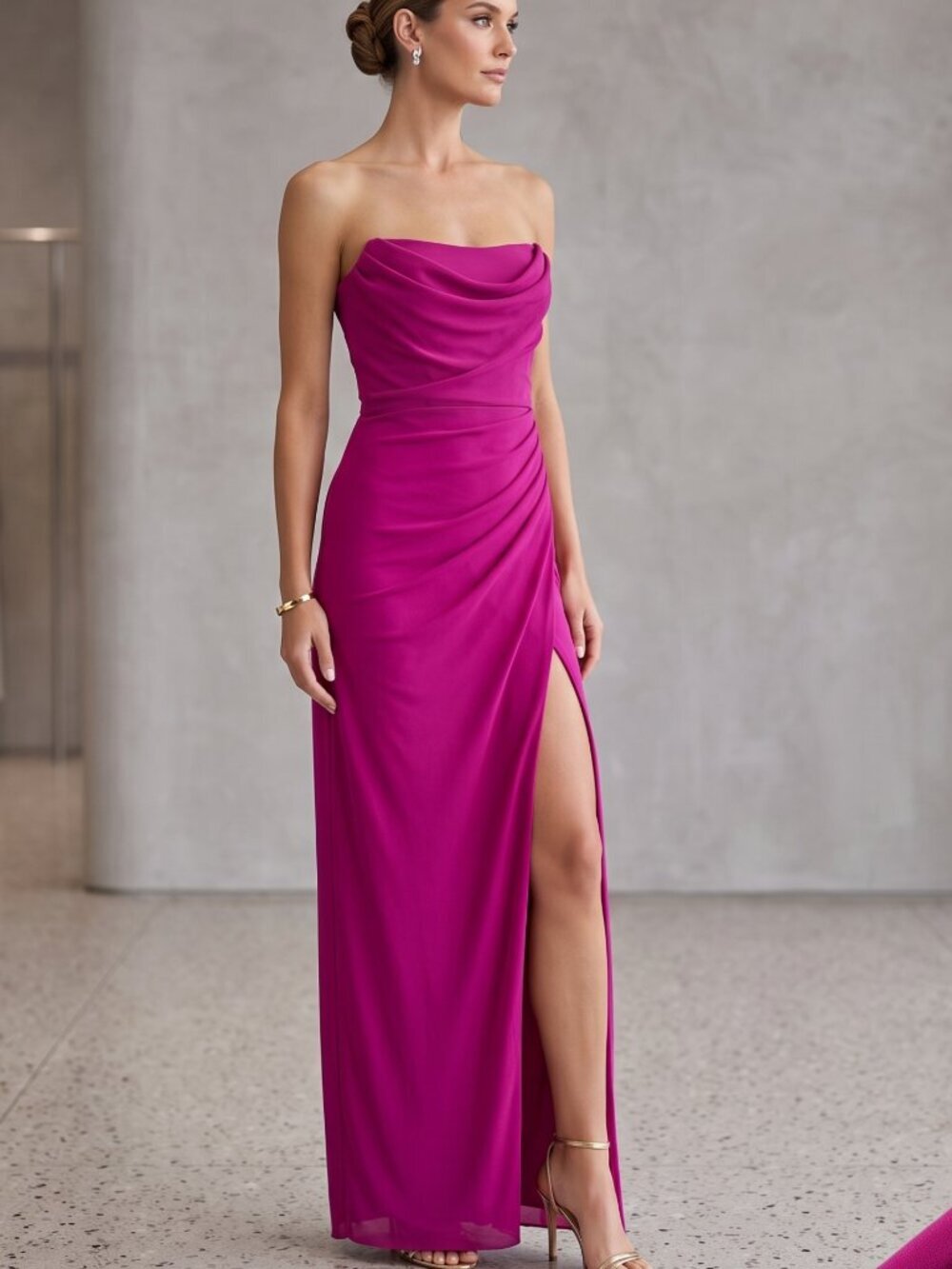 NWT | Strapless Ruched Draped High Slit Maxi Gown Magenta Fuchsia | XSmall